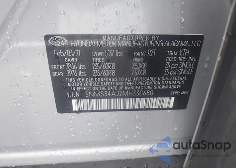 2021 Hyundai Santa Fe Sel из США, поврежденный, VIN 5NMS34AJ2MH330680